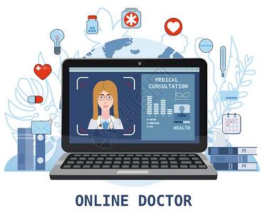 计算机医生录像呼叫在线医疗服务咨询花卉背景网站模板信息图横幅的